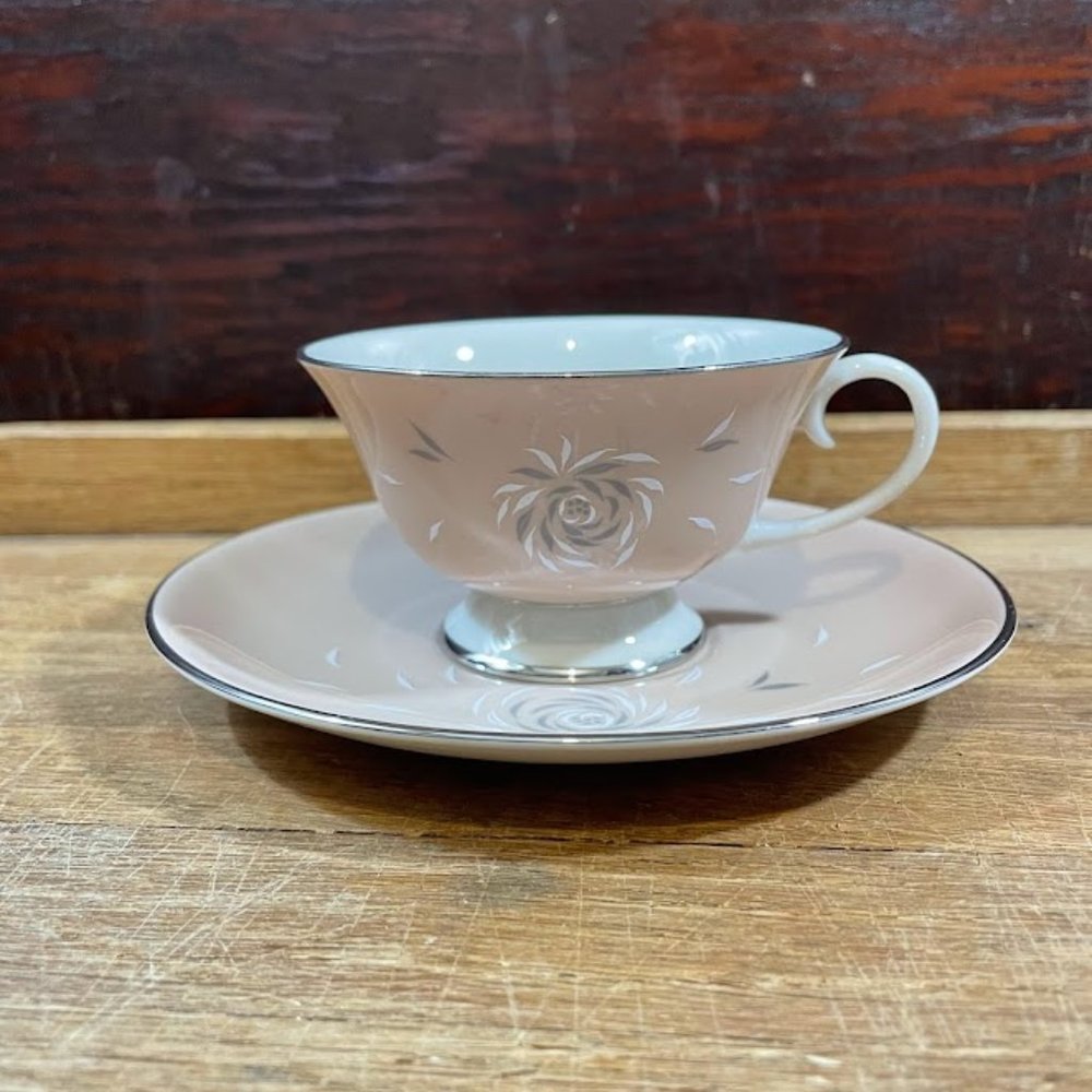 Flintridge China Cup and Saucer Daybreak Tan Grey White Platinum Edge Vintage CA